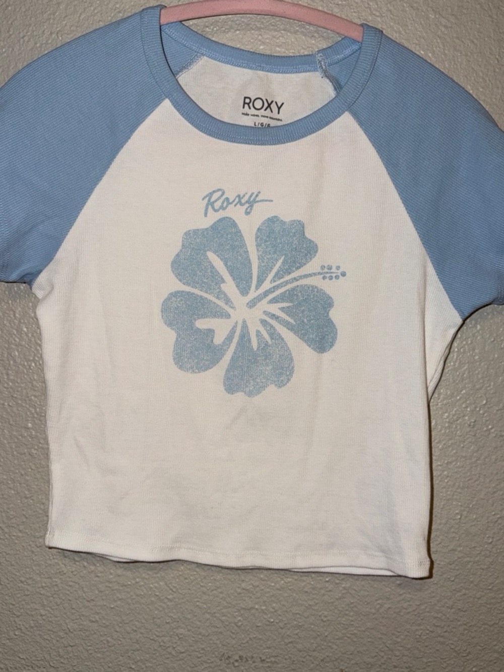 Roxy White Tee with Light Blue Raglan Sleeves and Hibiscus Print